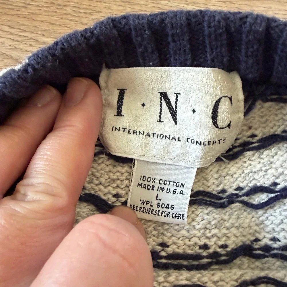 INC International Concepts Mens Fair Isle Vtg Cotton Sweater Cream Large USA